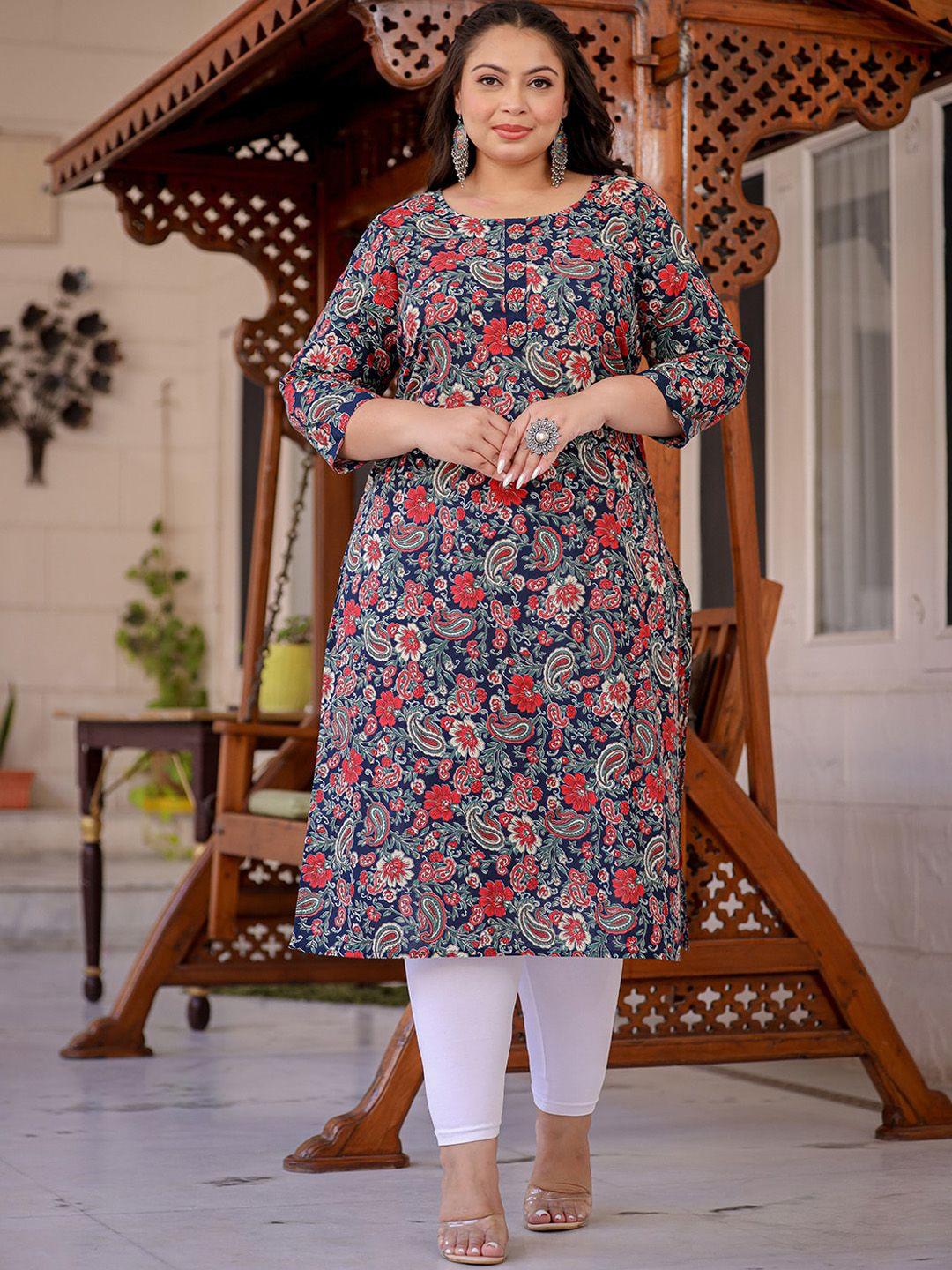 yufta plus size ethnic motifs printed square neck pure cotton straight kurta