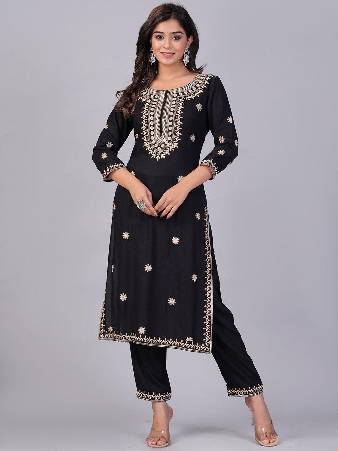 doriya ethnic motifs embroidered regular kurta with palazzos & dupatta