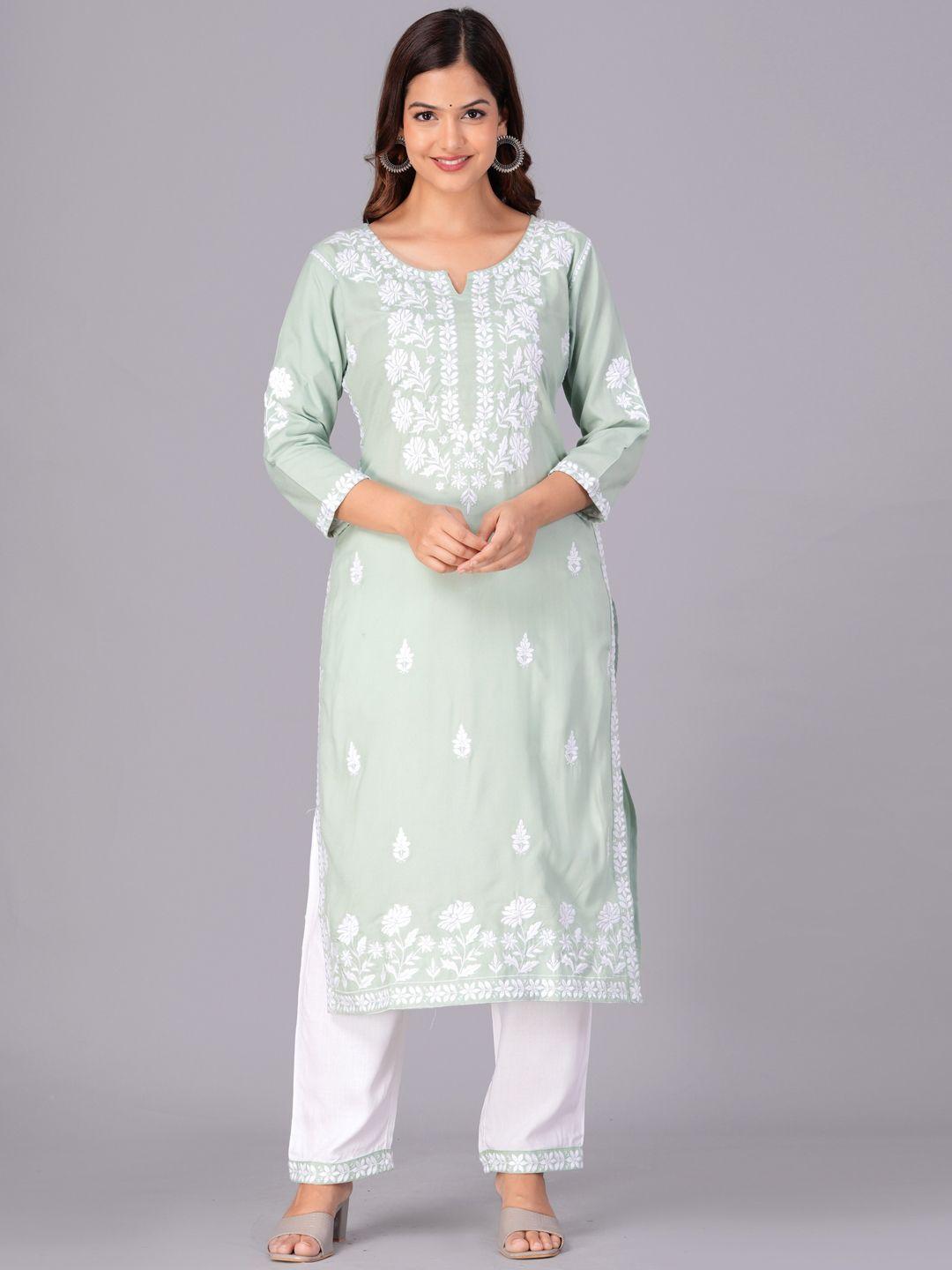 doriya floral embroidered regular thread work kurta with palazzos