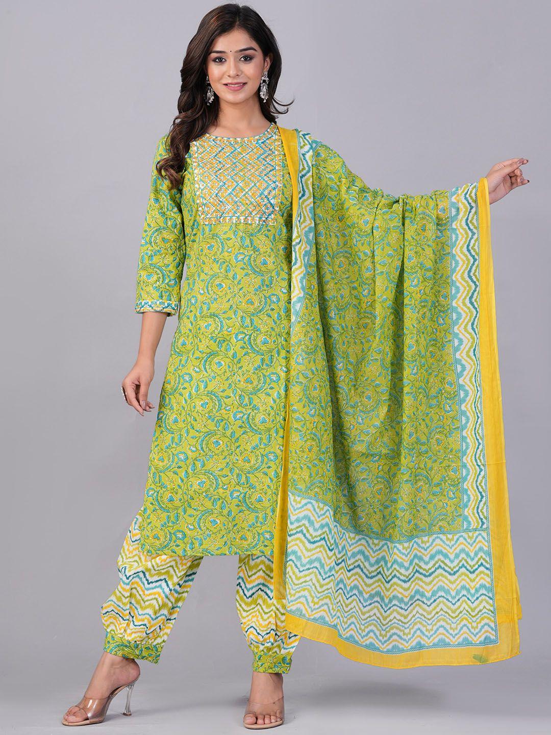 doriya floral printed regular thread work kurta & palazzos with dupatta