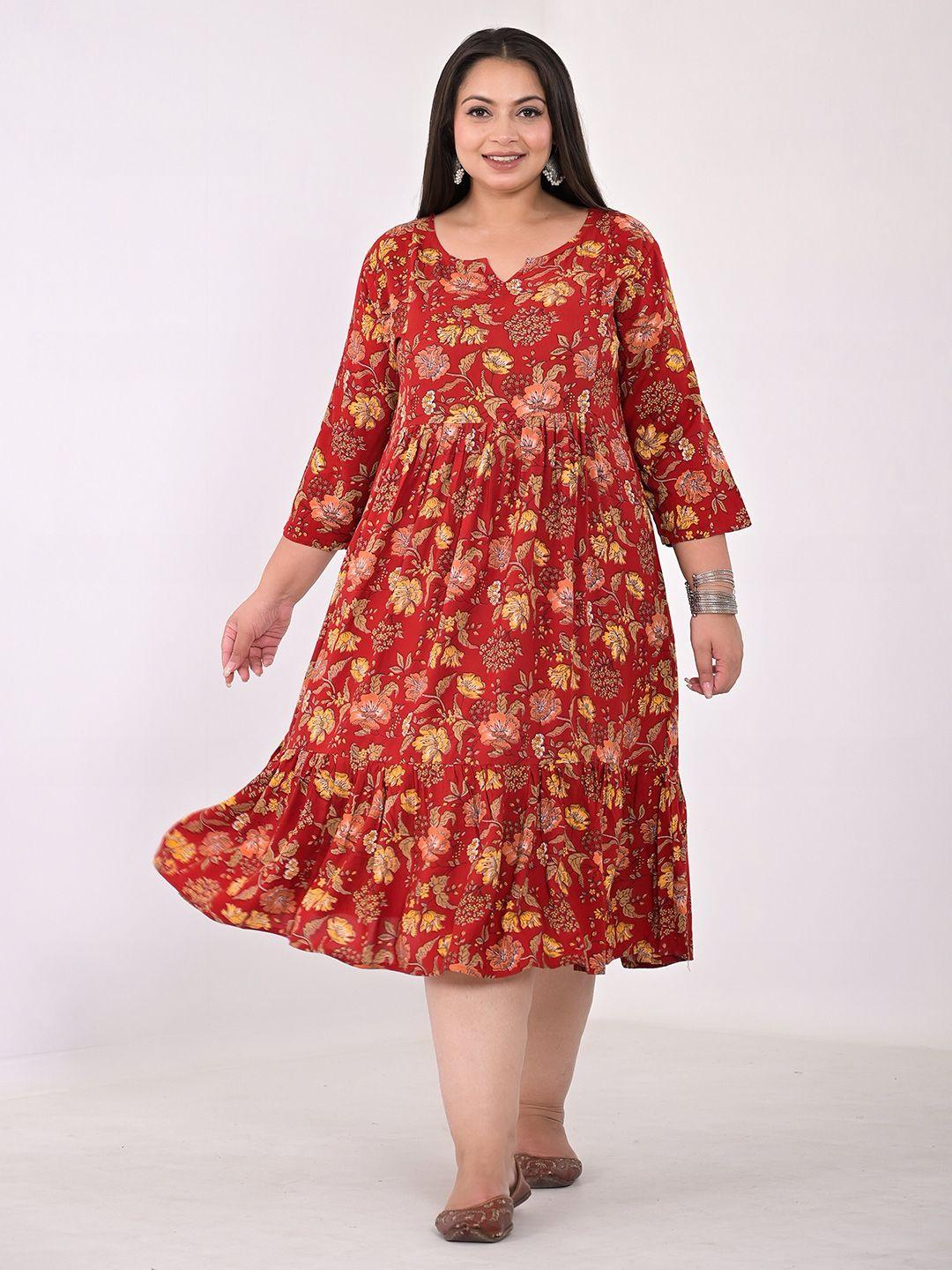 kalini plus size floral printed round neck cotton fit & flare midi dress