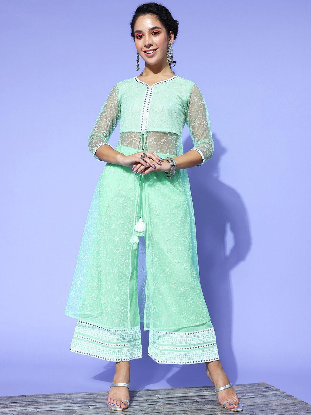 yufta sea green floral printed mirror work detailed high slit a-line kurta with palazzo