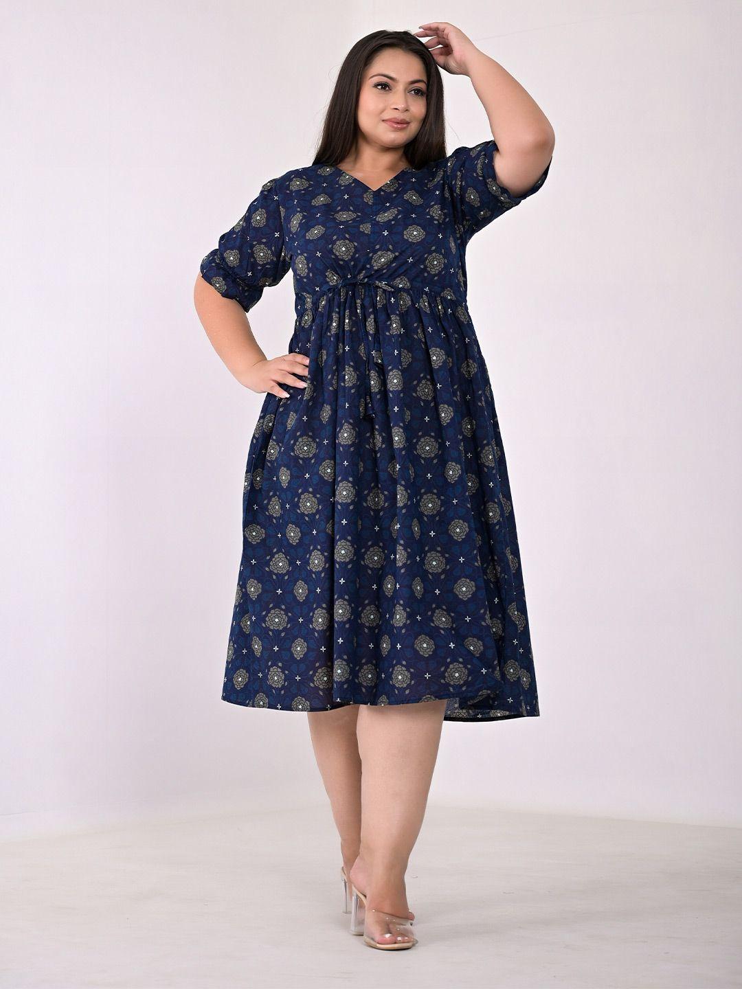 girly girls plus size ethnic motifs printed gathered cotton fit & flare midi dress