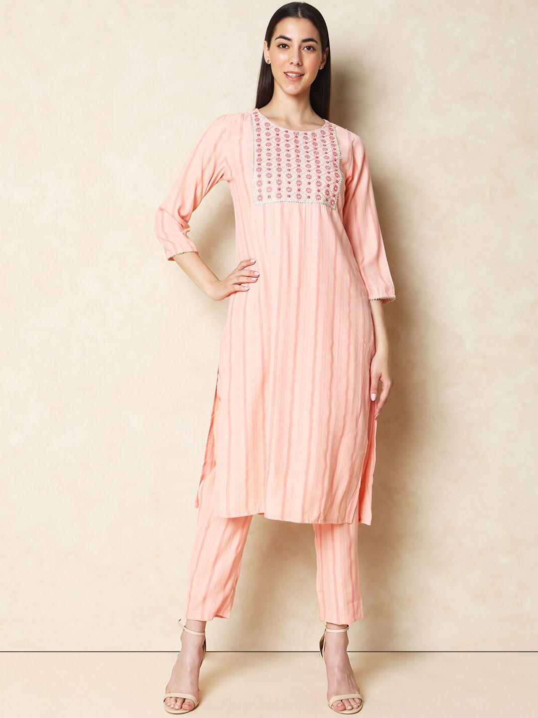 indifusion floral embroidered straight kurta & trousers with dupatta