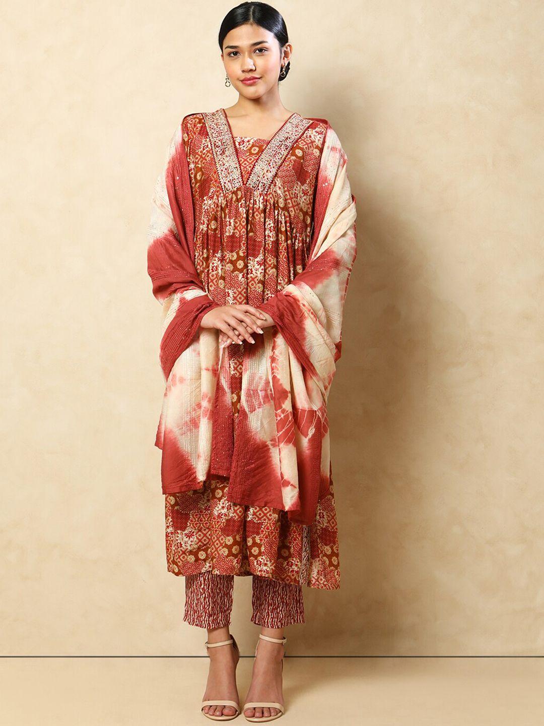 indifusion ethnic motifs printed panelled thread work kurta with trousers & dupatta