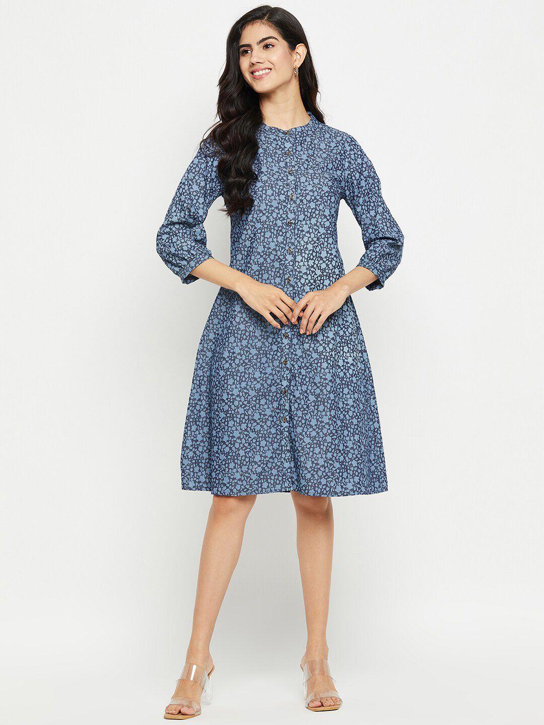 baesd geometric printed band collar denim a-line dress