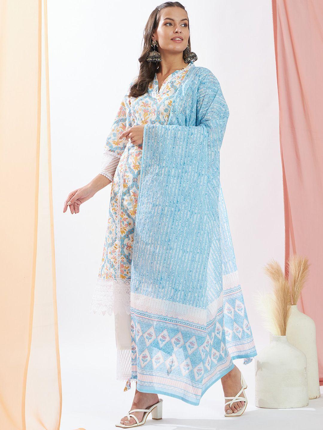 heeposh floral printed pure cotton straight kurta with trousers & mulmul dupatta