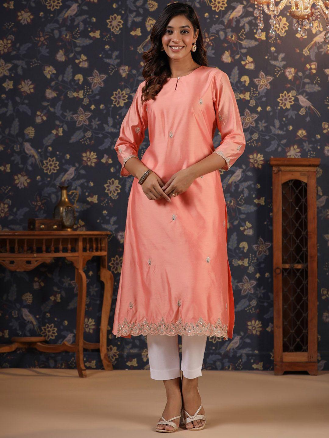 house of pataudi floral embroidered keyhole neck sequined chanderi cotton straight kurta