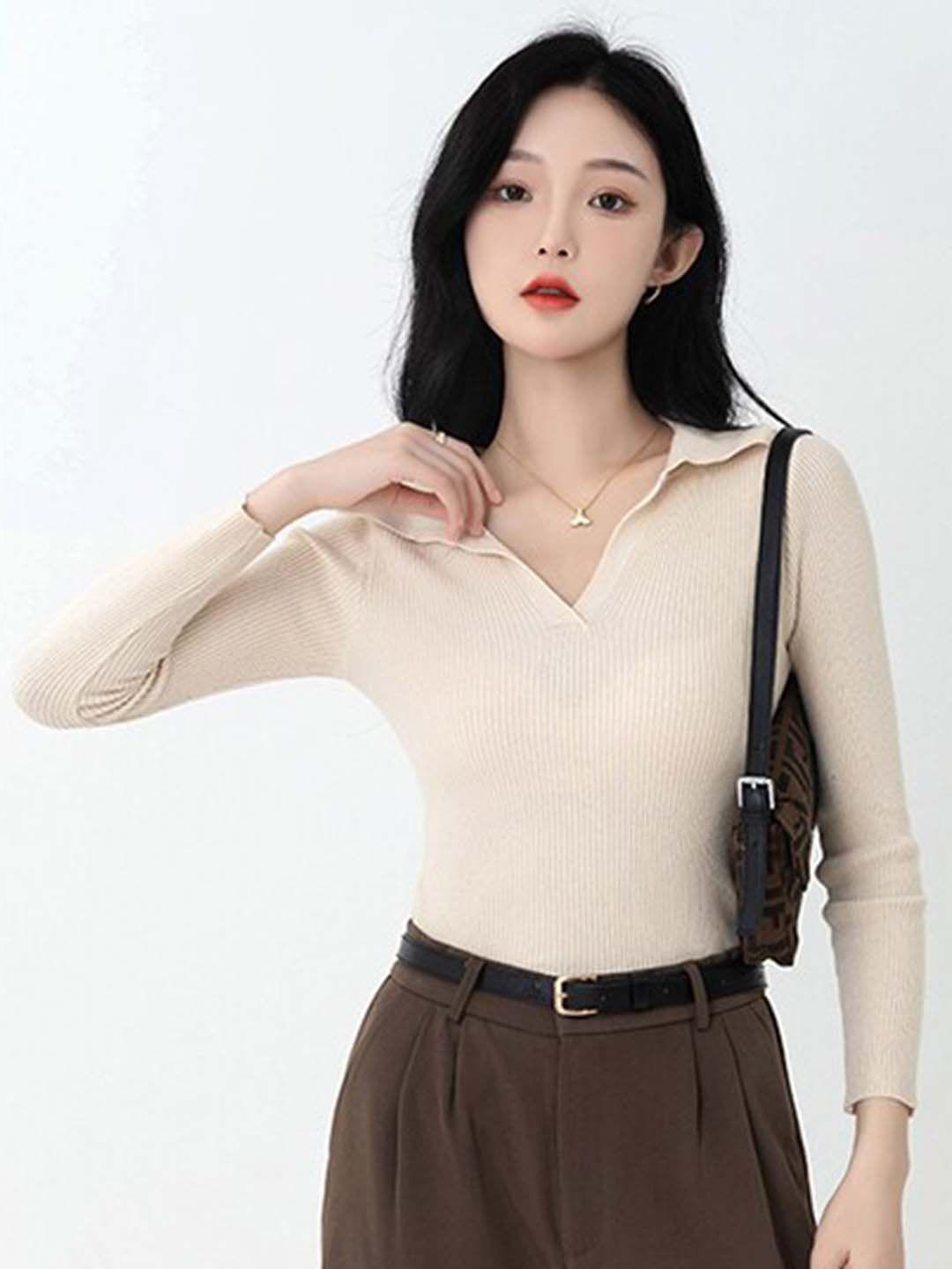 stylecast ribbed shirt collar fitted top