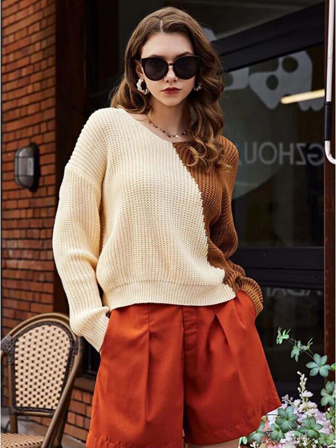 stylecast brown colourblocked v-neck long sleeves acrylic pullover sweater