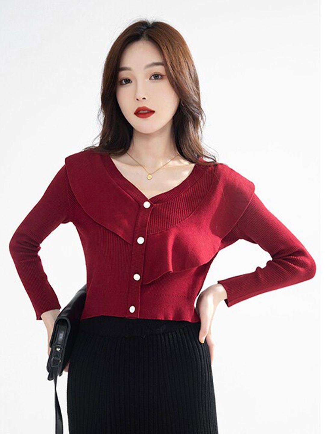 stylecast maroon ribbed crop cardigan sweater