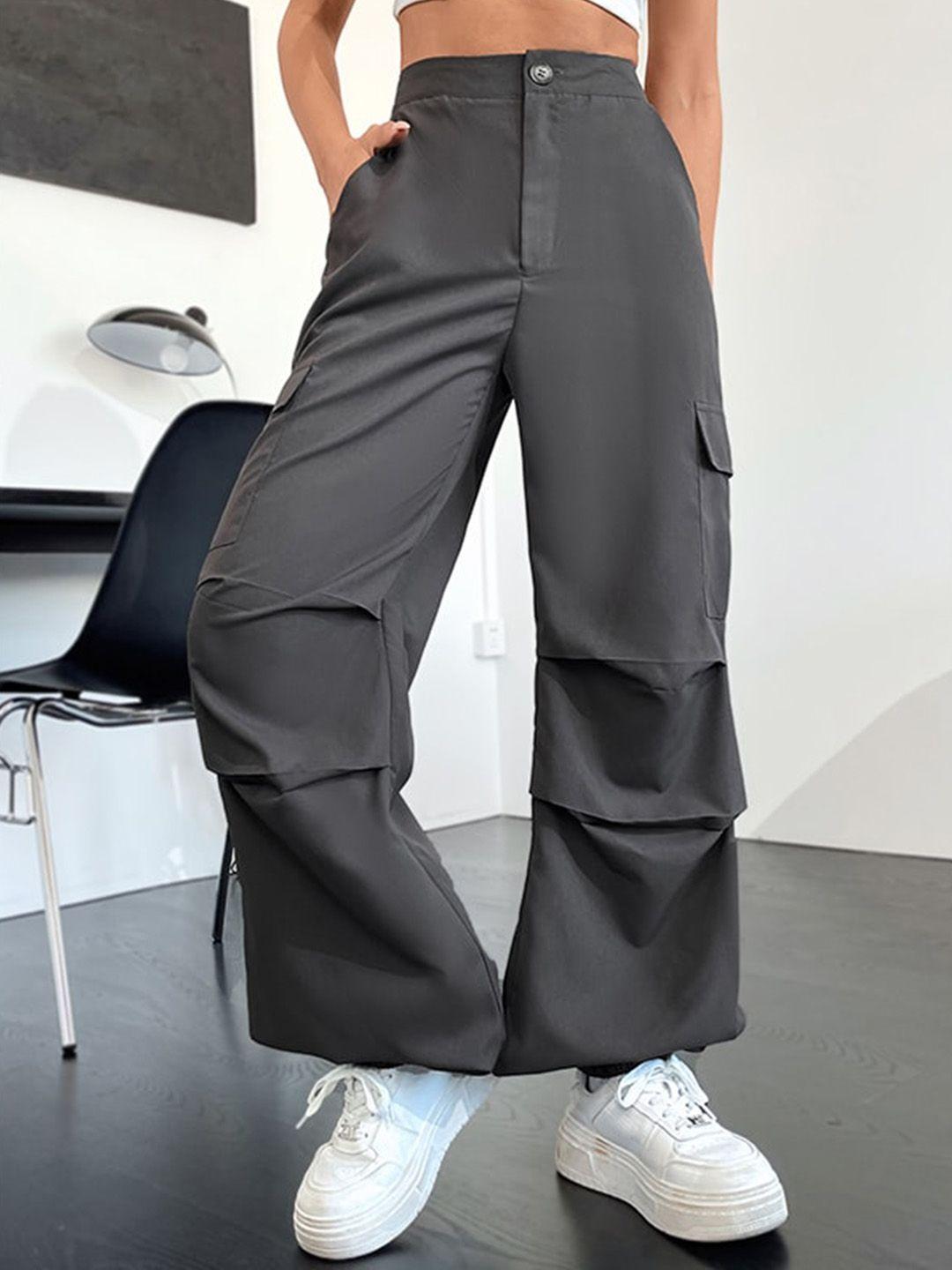 stylecast women grey loose fit high-rise easy wash cargo trousers