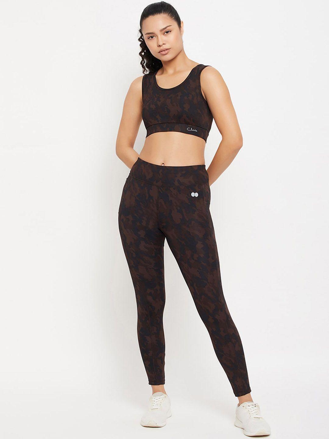 clovia camouflage printed sleeveless padded sports bra & tights tracksuit