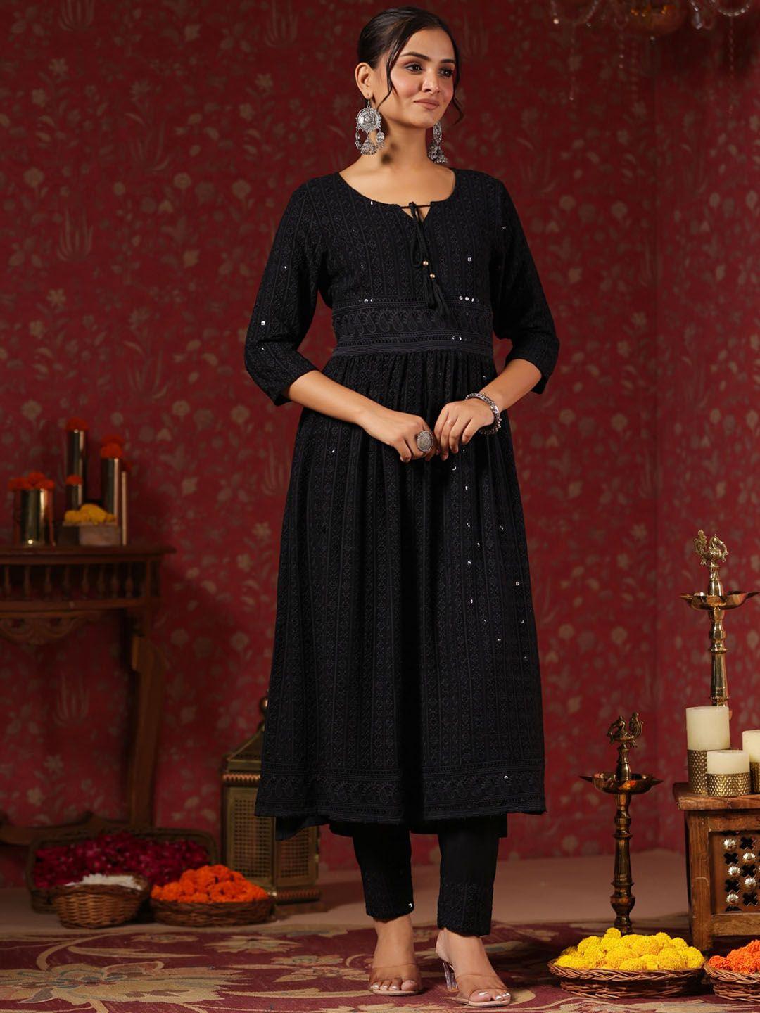 ishin black ethnic motifs embroidered empire kurta with trousers