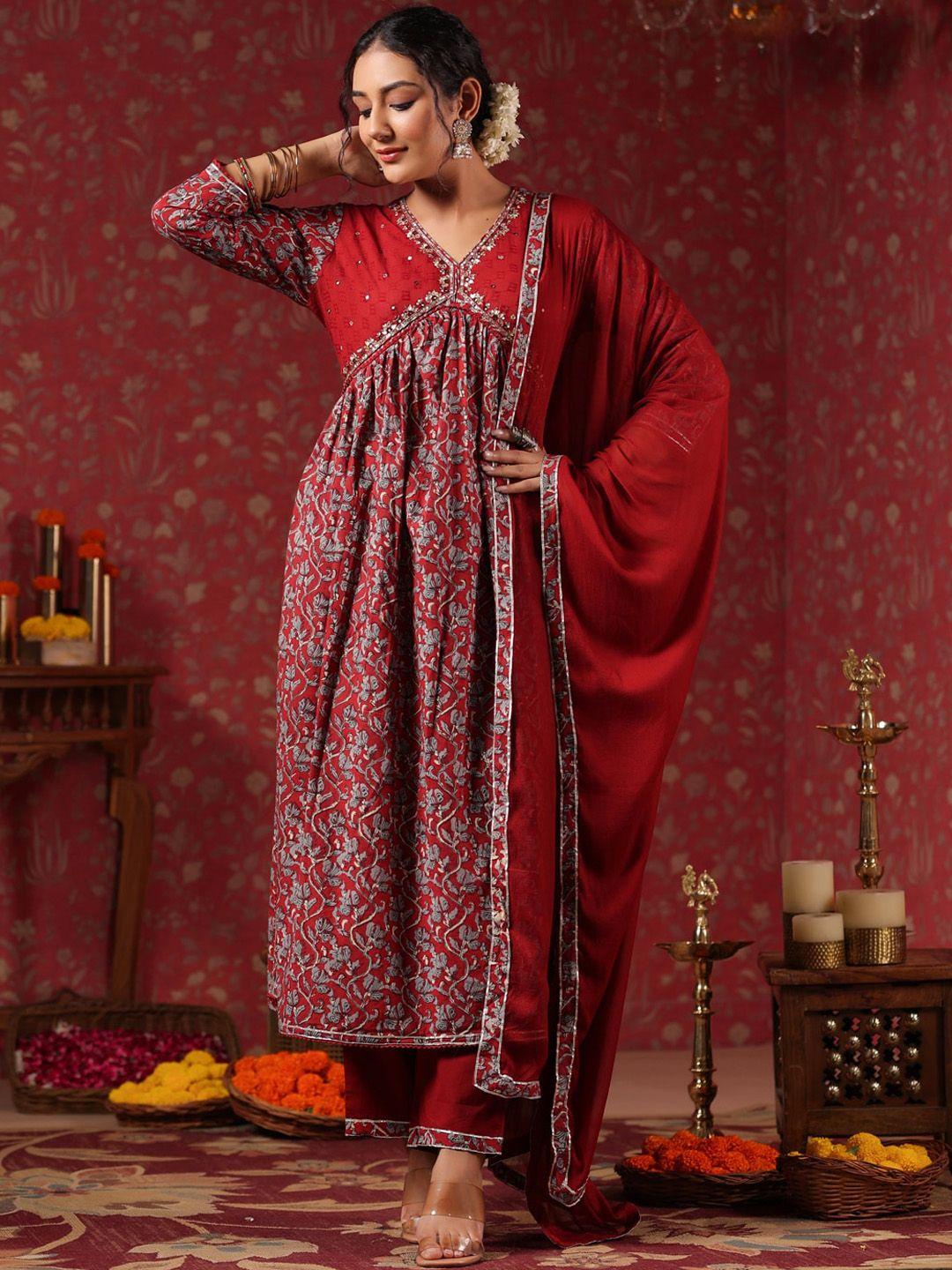 ishin maroon ethnic motifs printed pure cotton kurta with trousers & dupatta