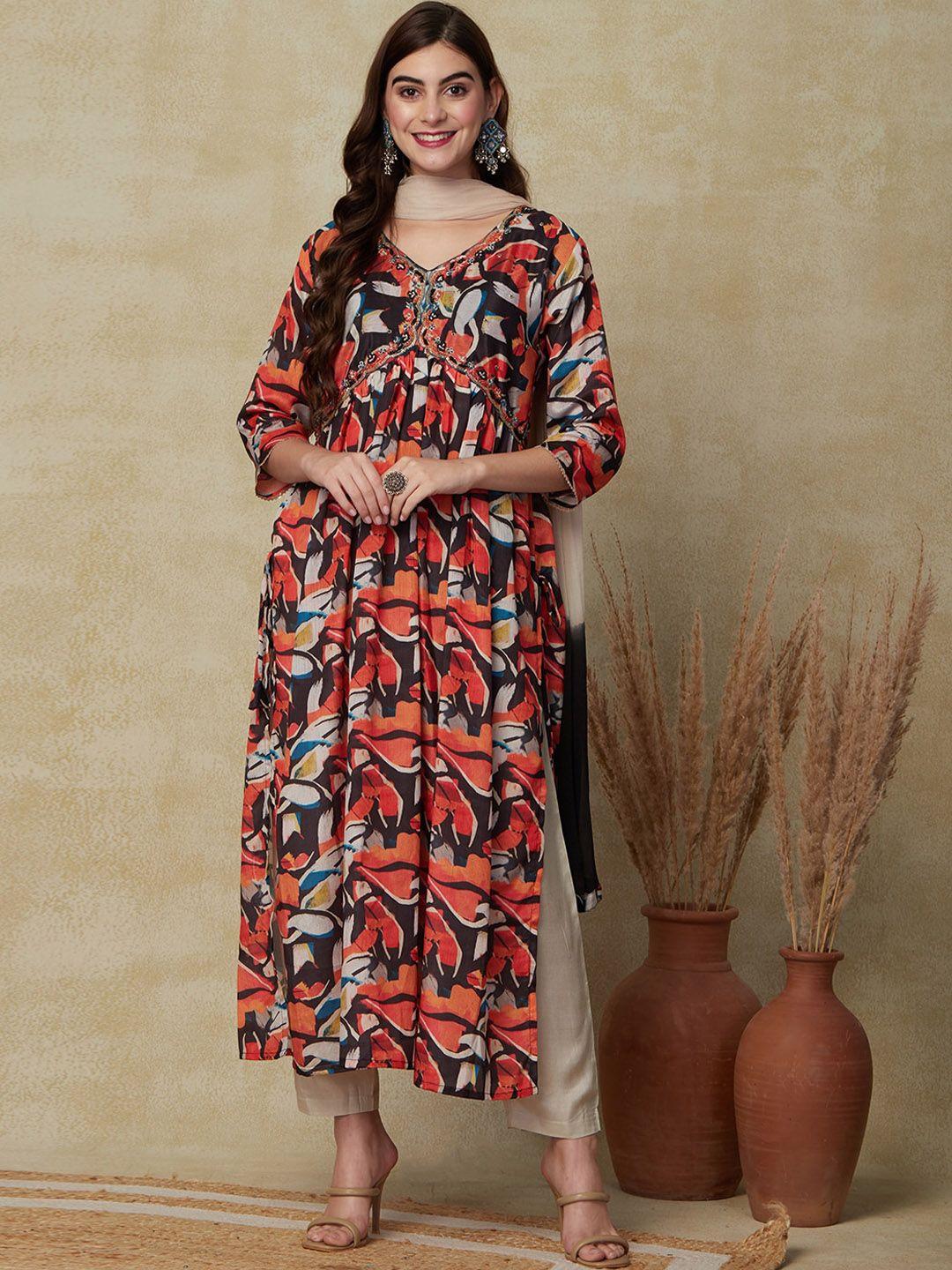 fashor floral printed beads and stones silk chiffon a-line kurta with trouser & dupatta