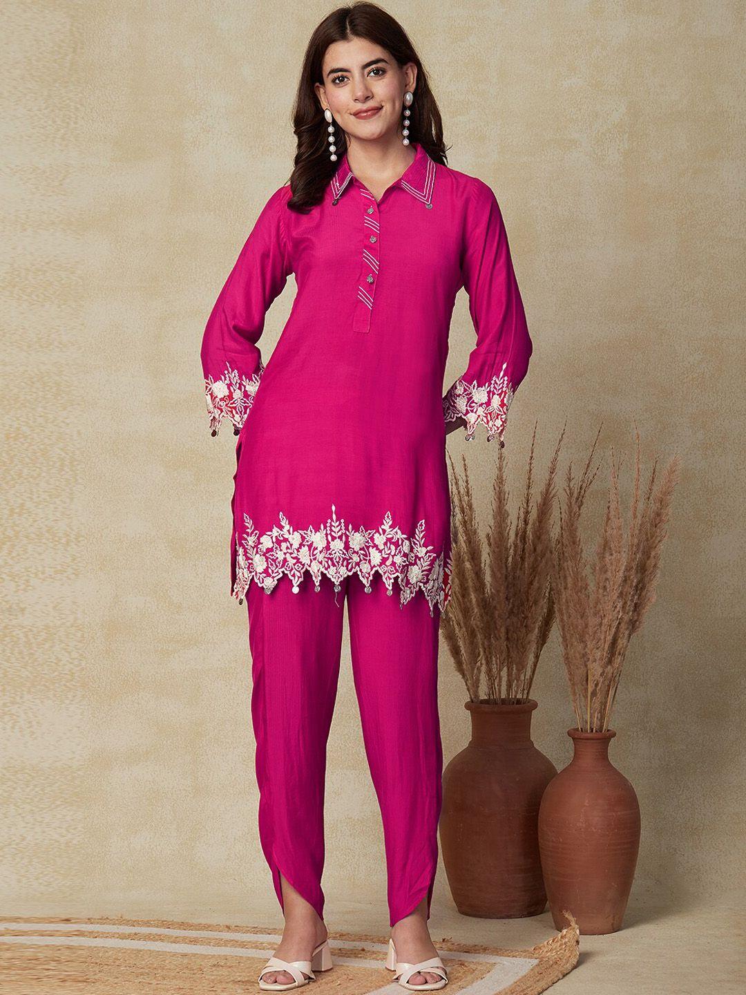 fashor pink floral embroidered tunic & dhoti pants