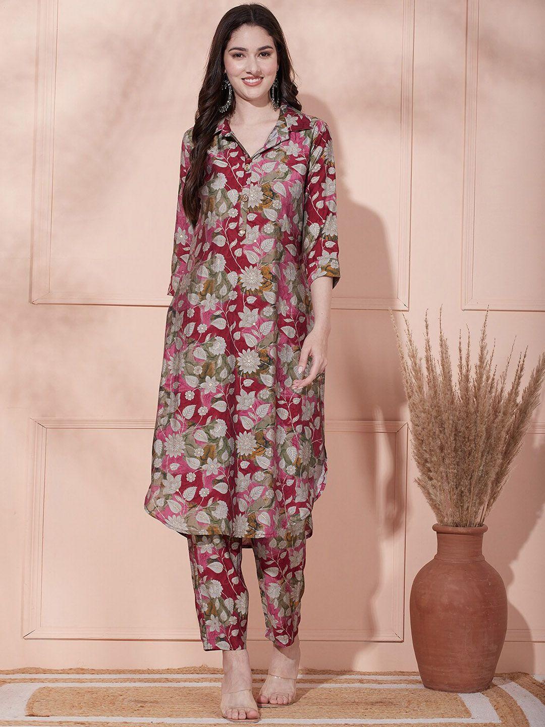 fashor floral printed shirt collar a-line kurta with trouser