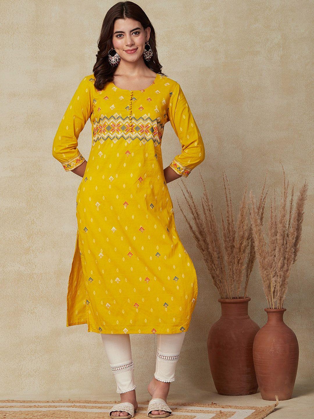 fashor ethnic motifs embroidered thread work straight cotton kurta