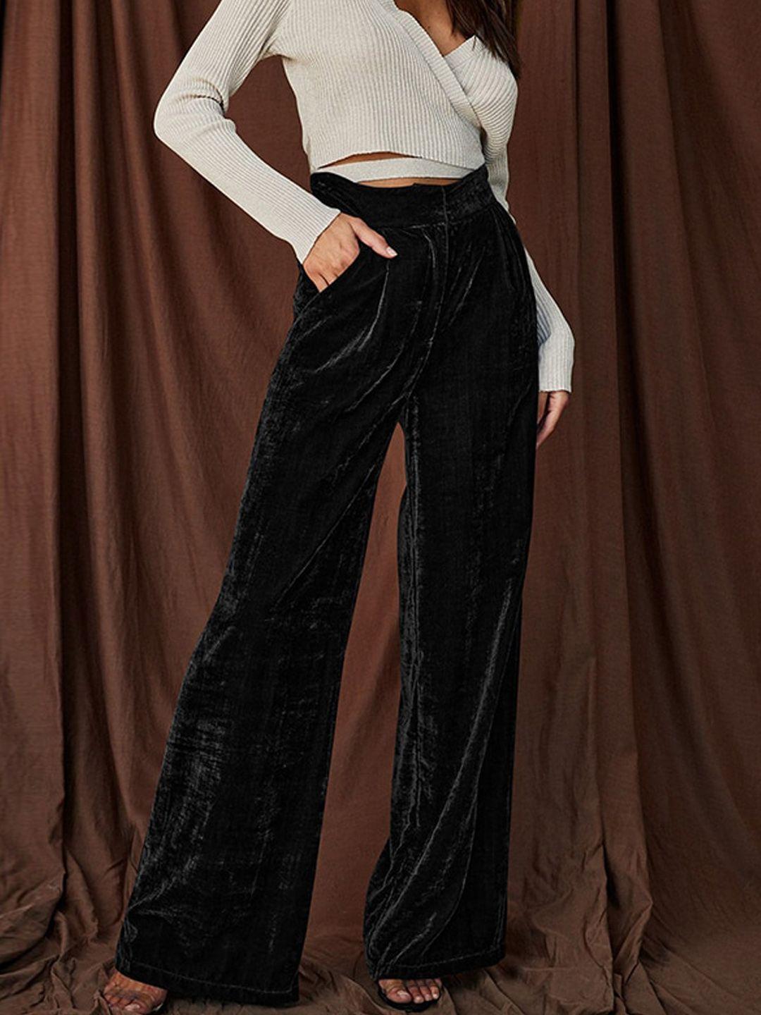 stylecast women black flared high-rise pleated parallel trousers