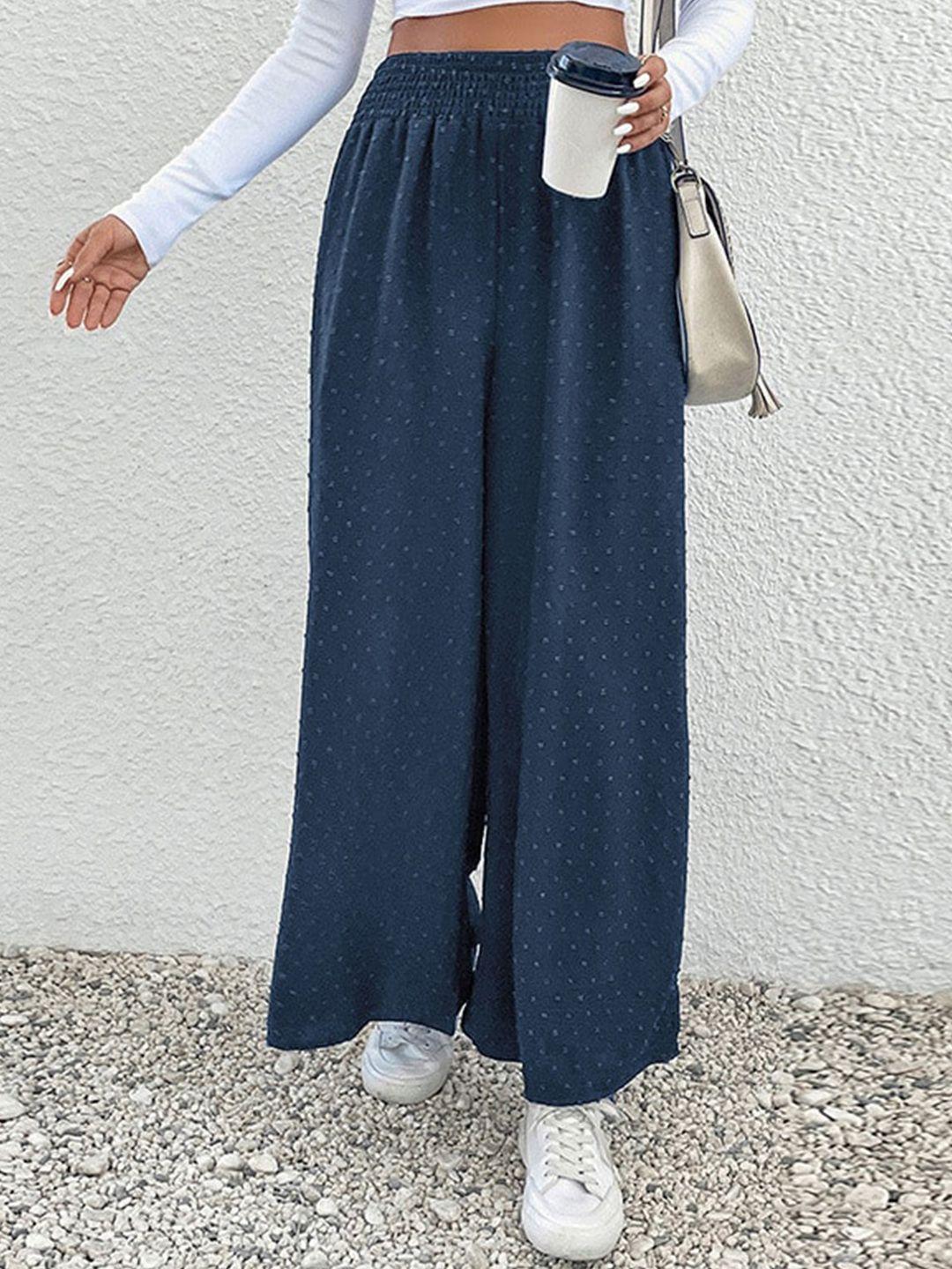 stylecast women blue self design flared high-rise pleated parallel trousers