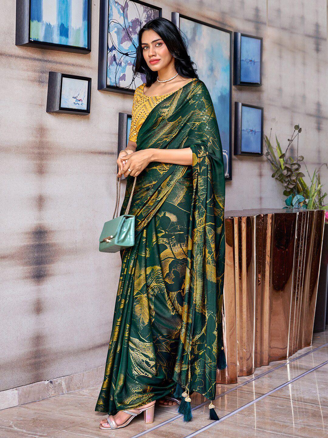 anouk teal green & yellow abstract printed sequinned saree