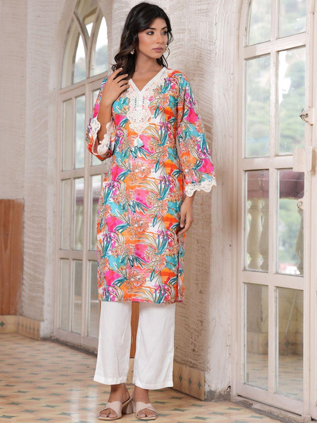 hatheli floral printed v-neck mirror work kurta with palazzos