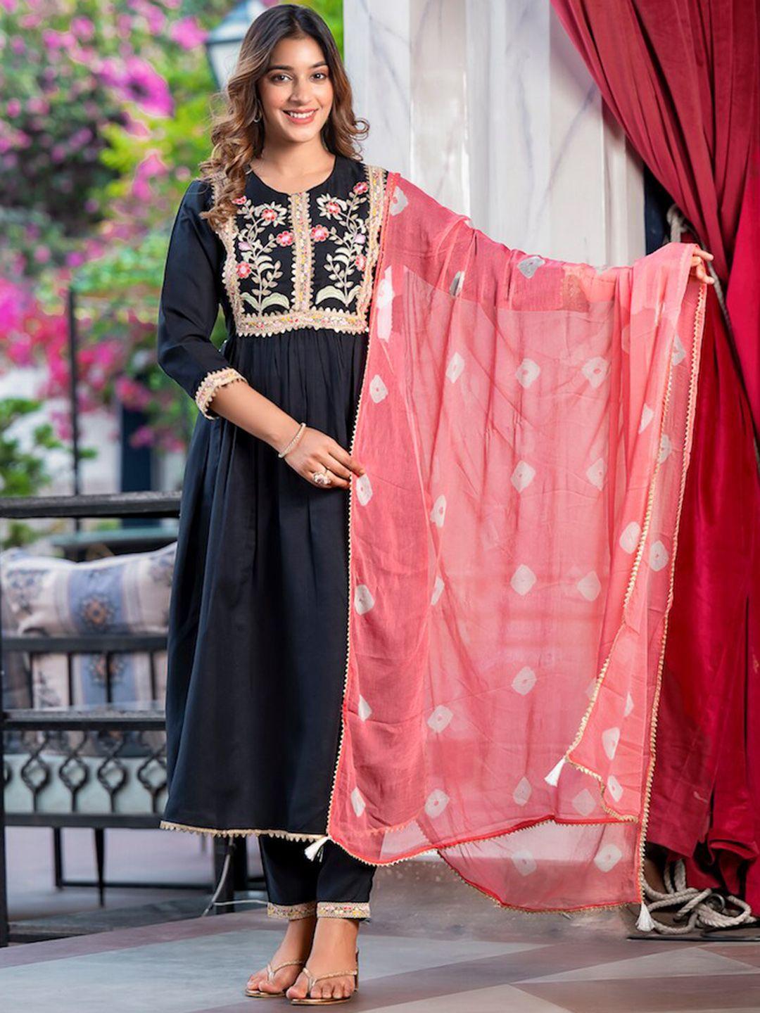 hatheli ethnic motifs yoke design thread work pleated a-line kurta with trousers & dupatta