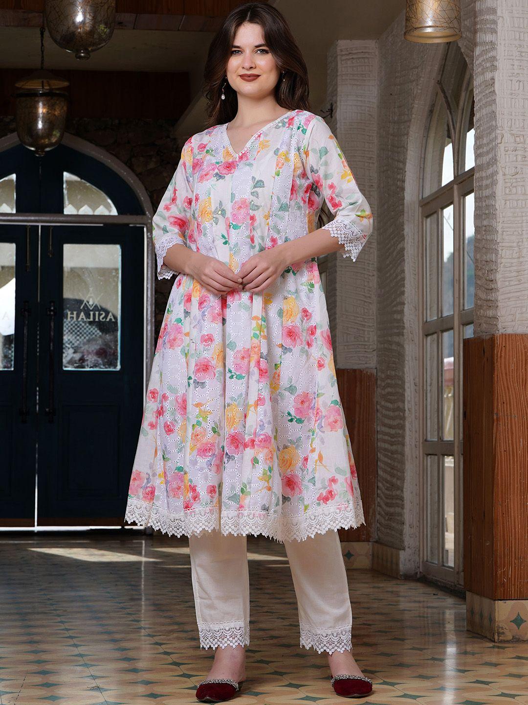 hatheli floral printed panelled pure cotton kurta with trousers