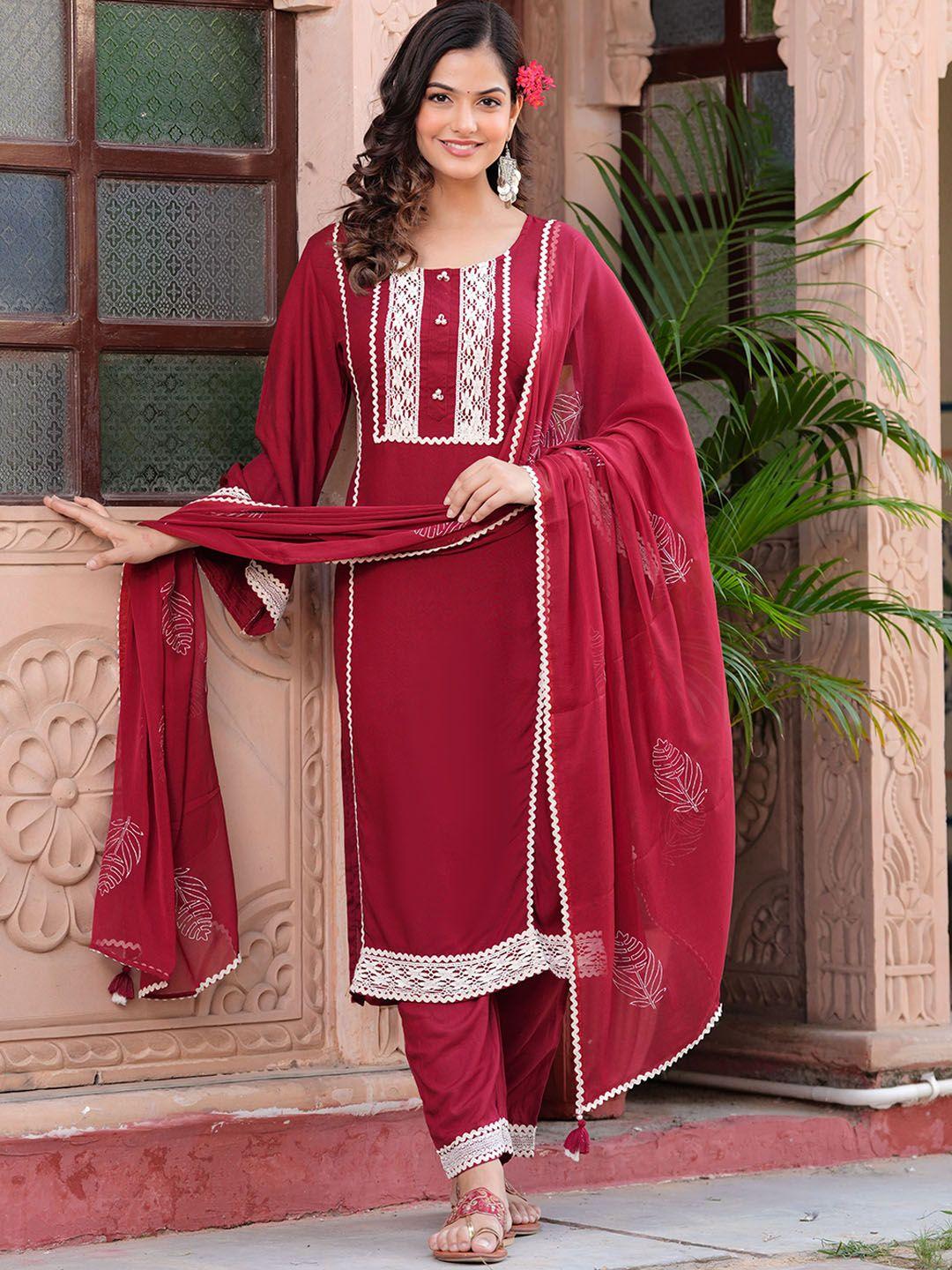 hatheli floral yoke design regular cut work kurta with trousers & dupatta