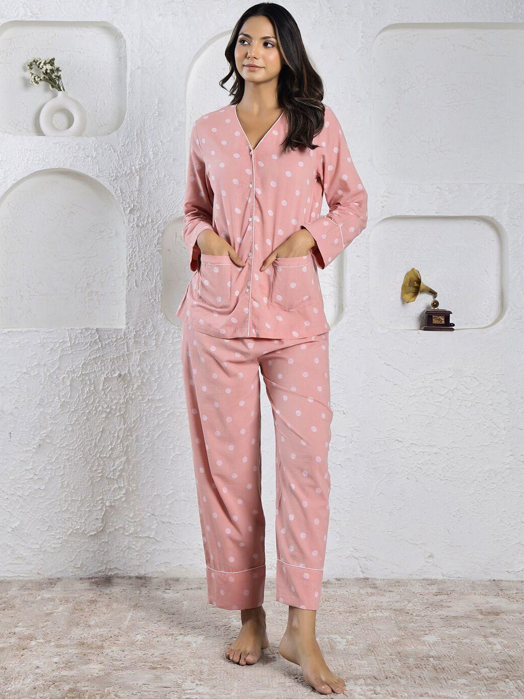 sanskrutihomes polka dots printed v-neck pure cotton night suit