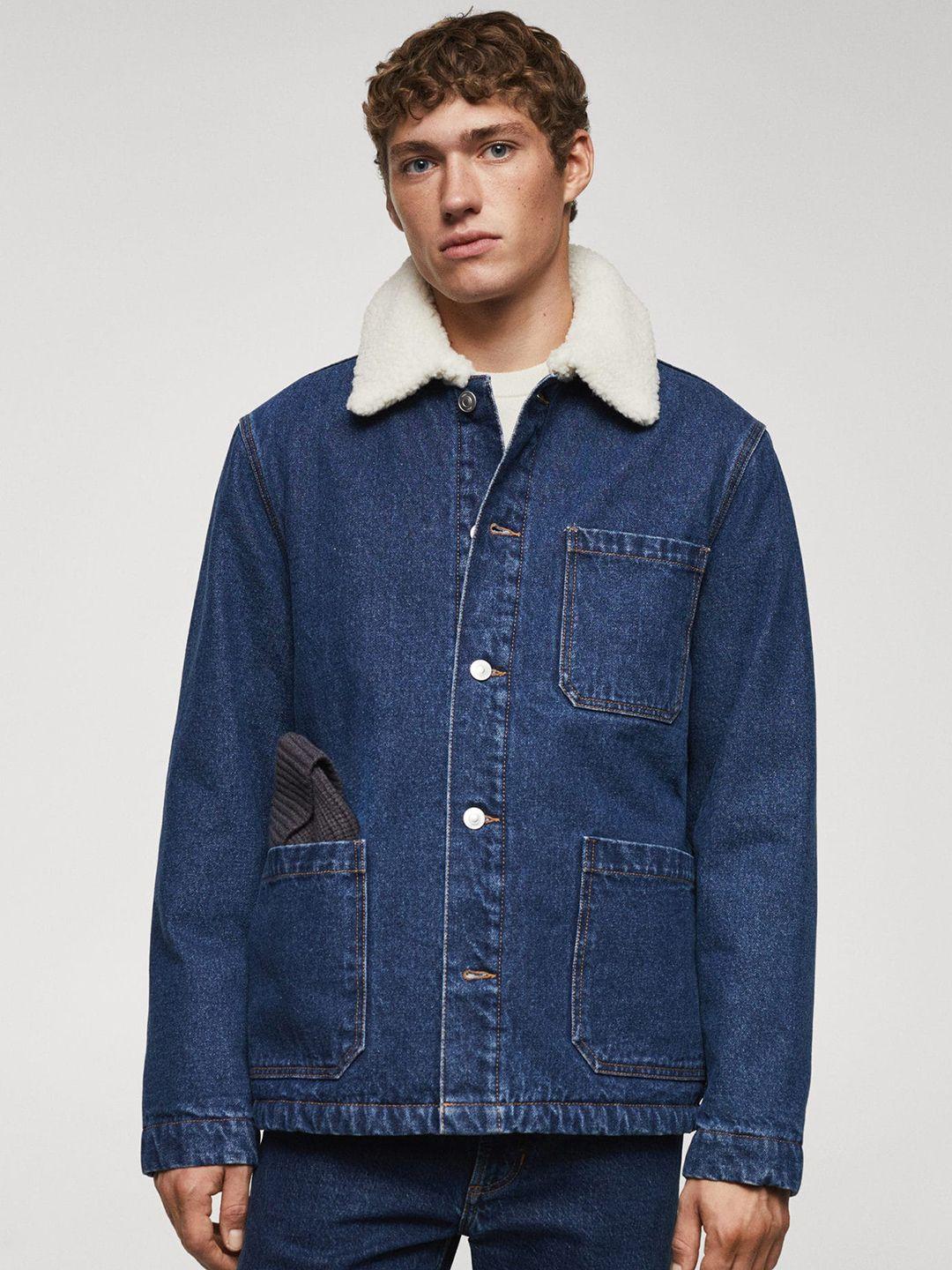 mango man faux fur trim pure cotton denim jacket