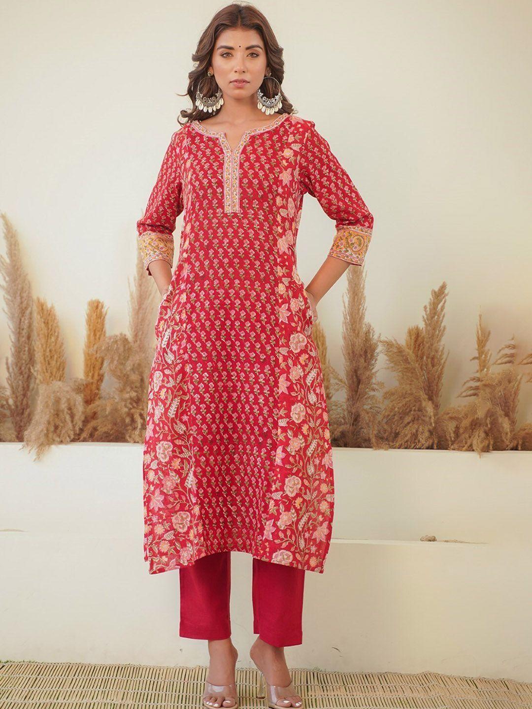 jaipuribanno floral printed regular pure cotton kurta with trousers & dupatta