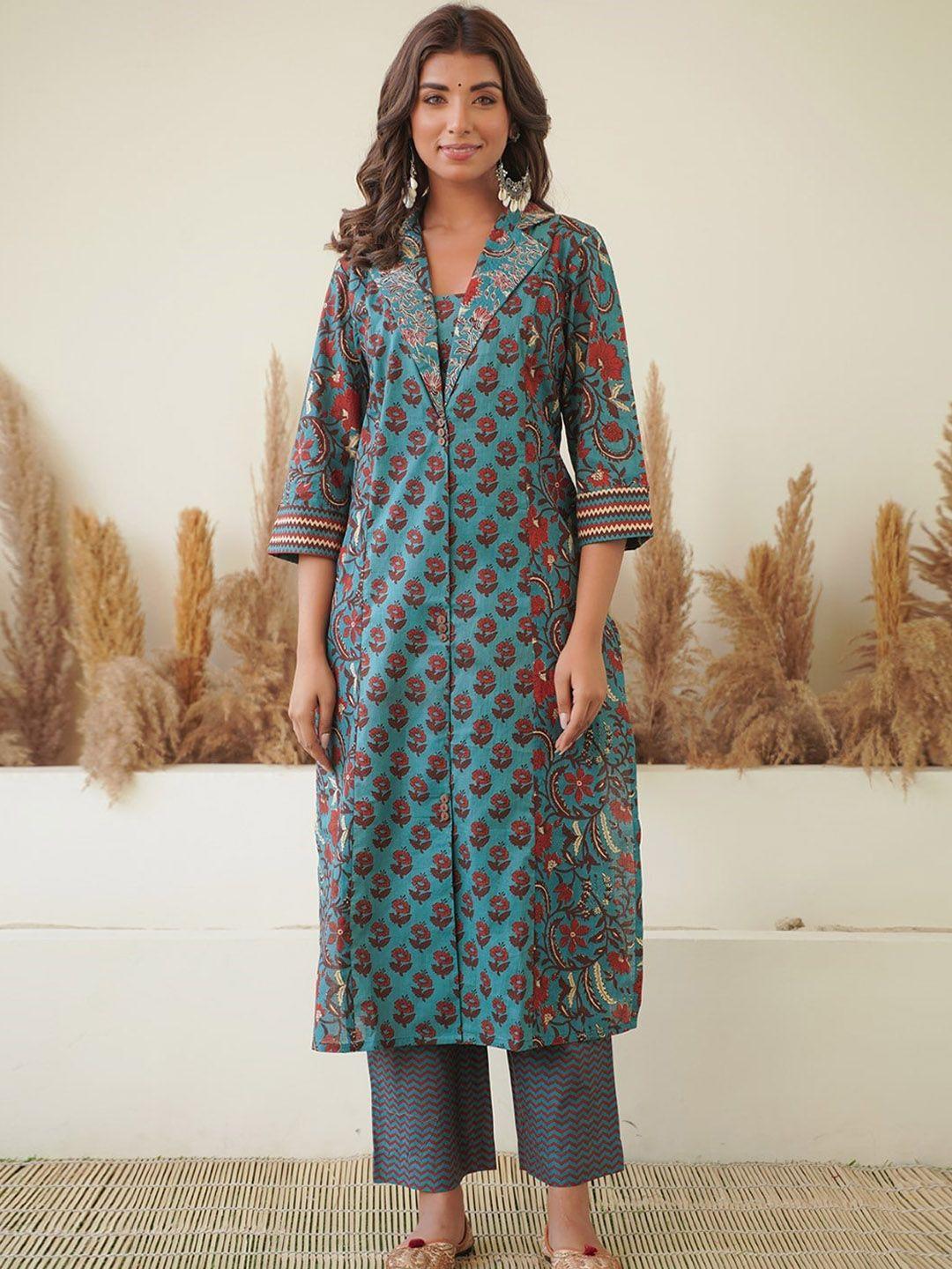 jaipuribanno floral printed regular pure cotton kurta with palazzos & dupatta