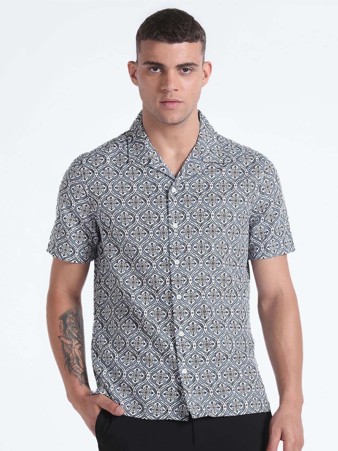 flying machine slim fit floral printed cotton linen casual shirt