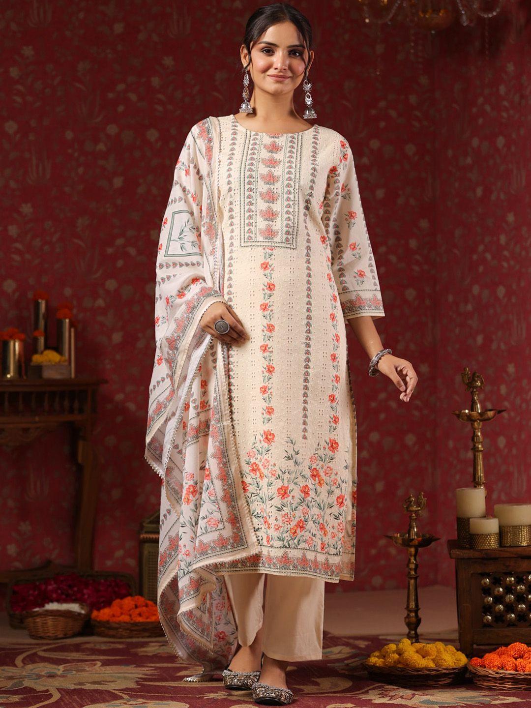 ishin floral printed regular pure cotton straight kurta & trousers with dupatta