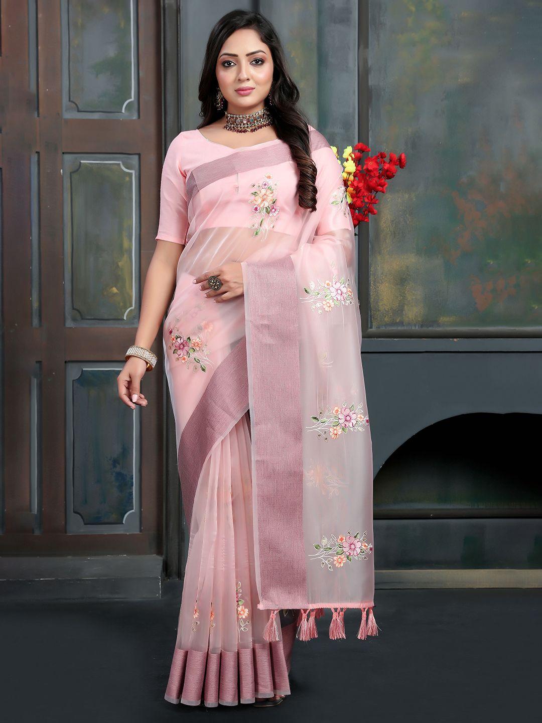 munir floral embroidered zari organza saree