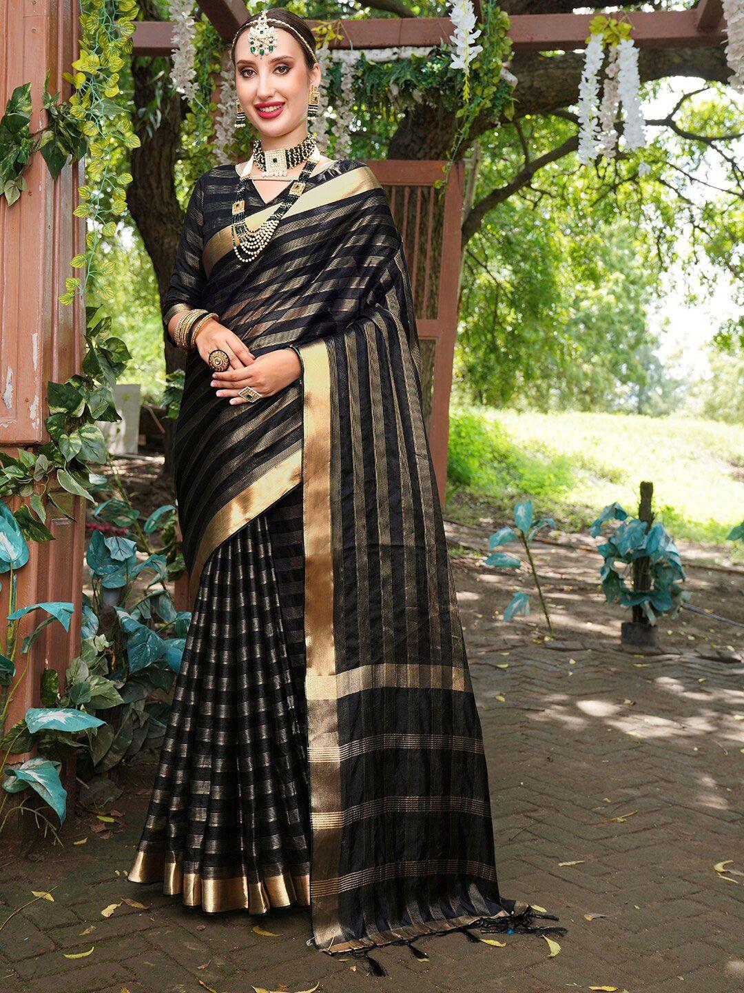 anouk black & gold-toned striped zari detail saree