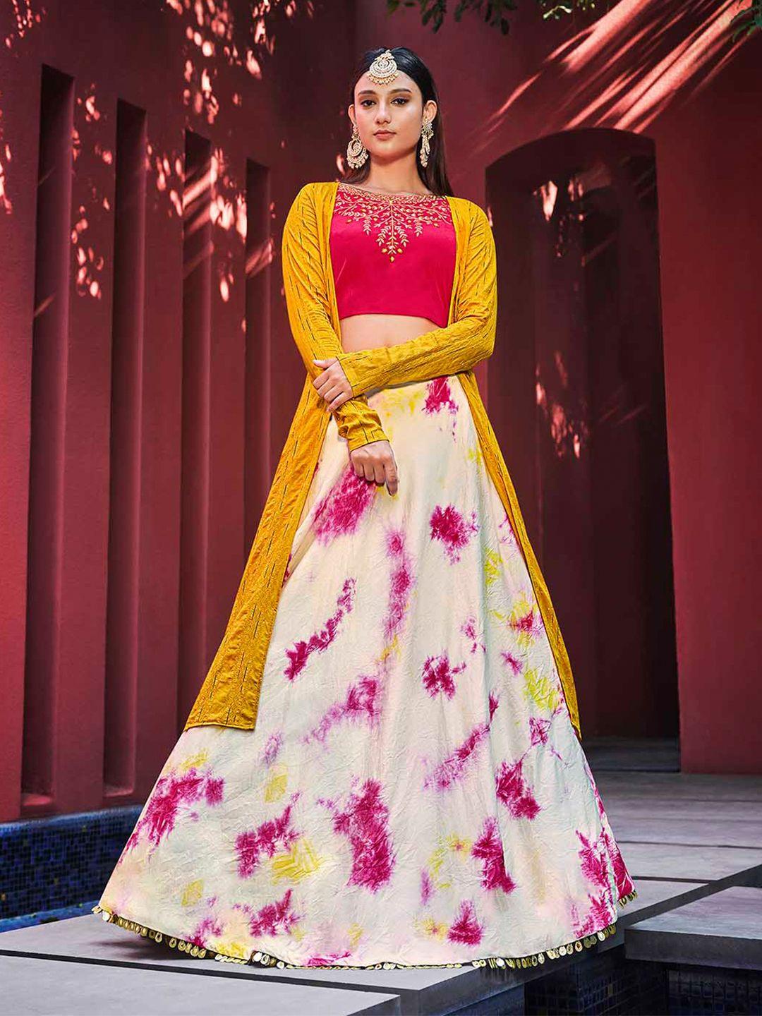 shubhkala abstract printed thread work semi-stitched lehenga choli & shrug