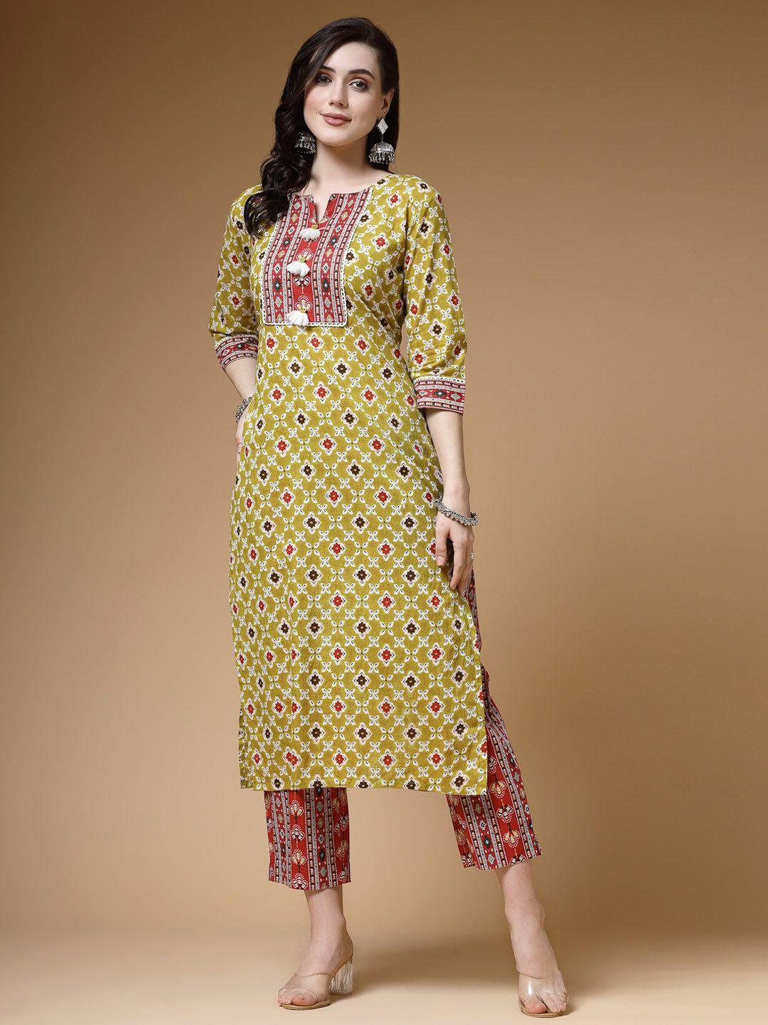 indibelle ethnic motifs printed thread work cotton kurta