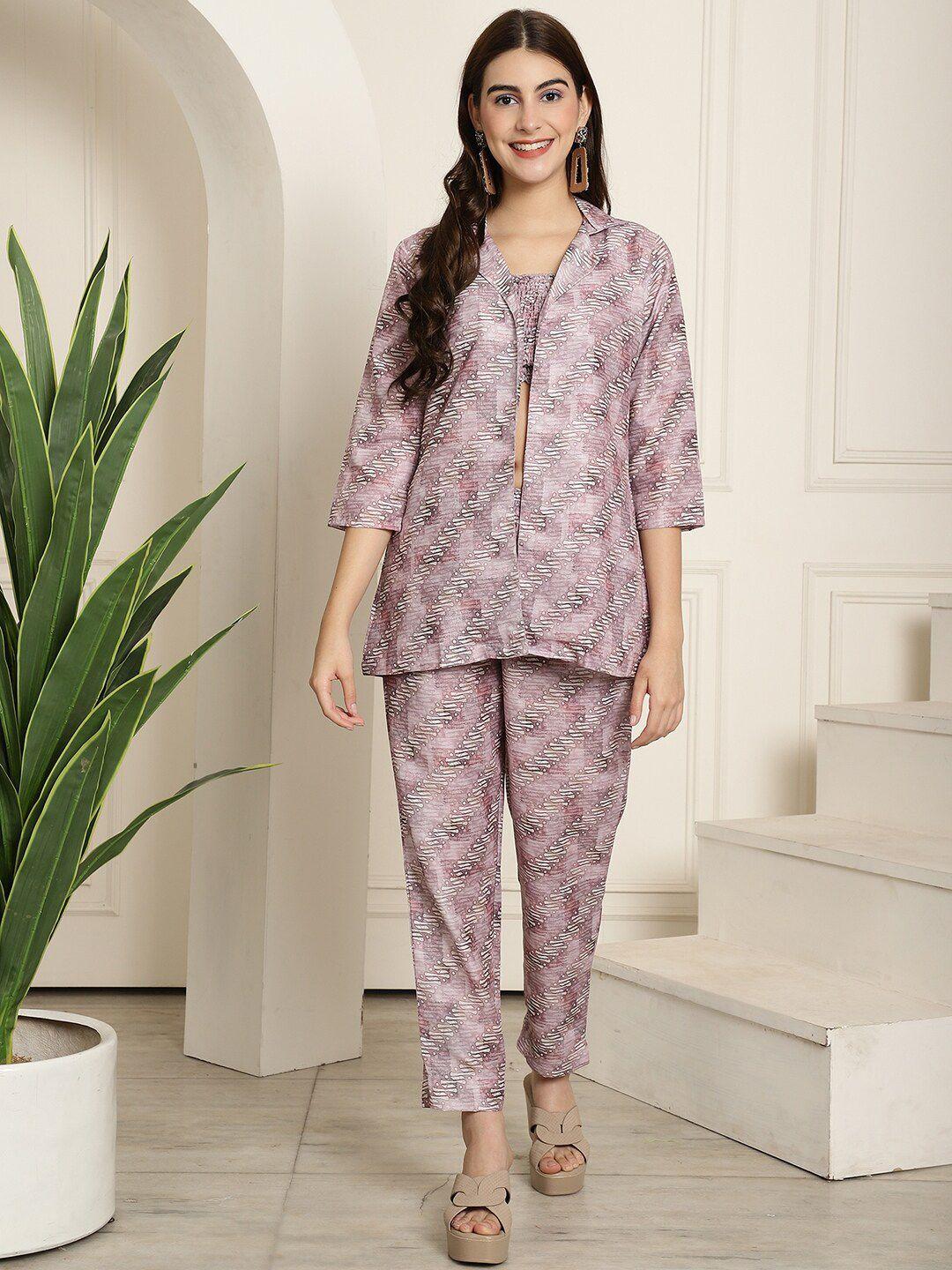 aawari muslin printed crop top & coat with trousers