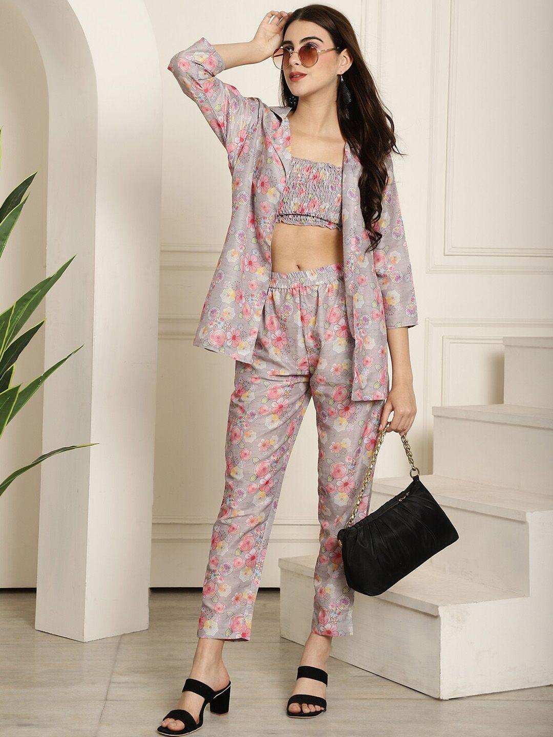 aawari floral printed pure silk top with trouser & jacket