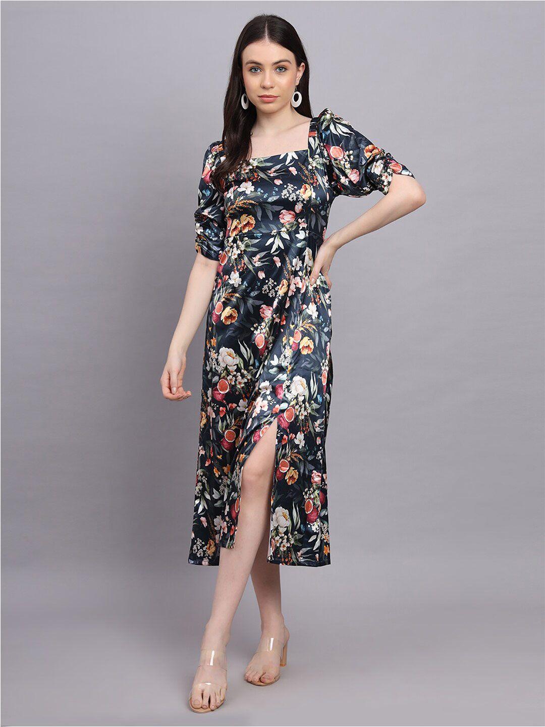 baesd floral printed square neck satin a-line midi dress