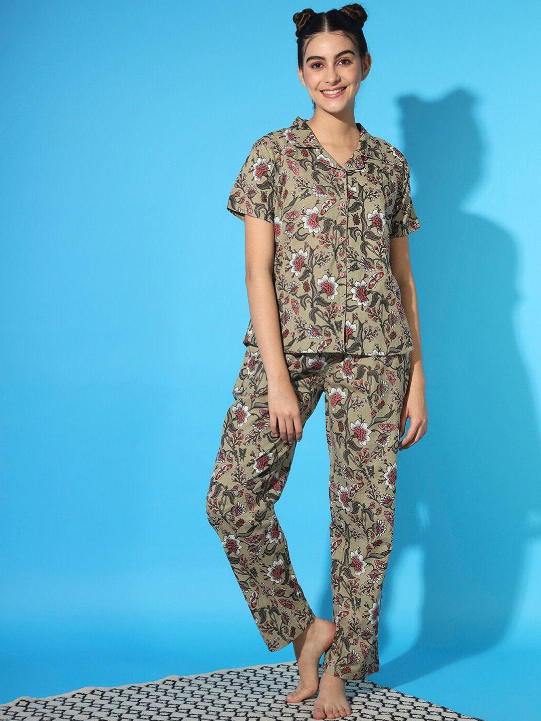 etc floral printed shirt & pyjamas pure cotton night suits