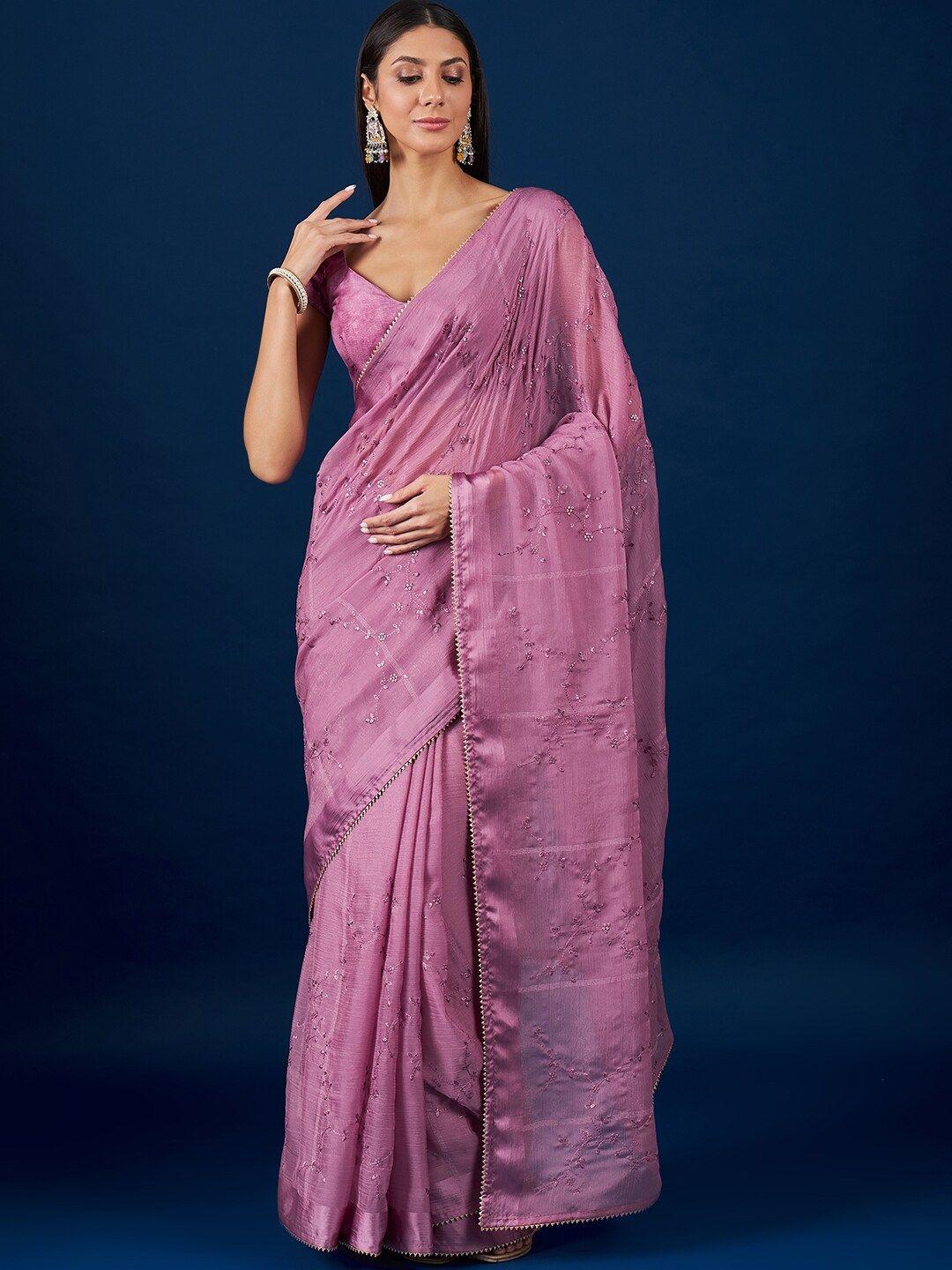 anouk purple floral embroidered pure chiffon saree