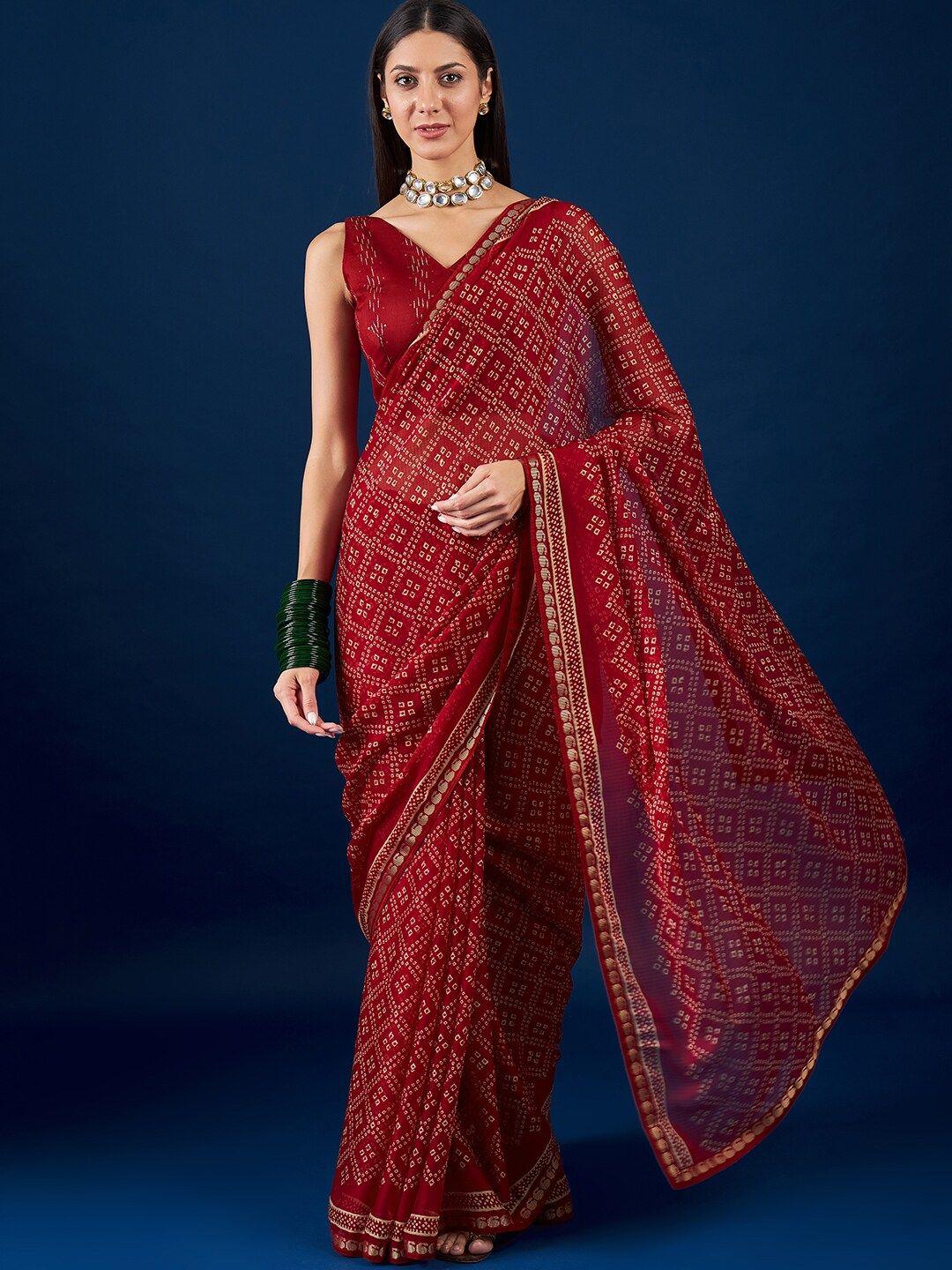 anouk maroon & white bandhani zari pure chiffon bandhani saree