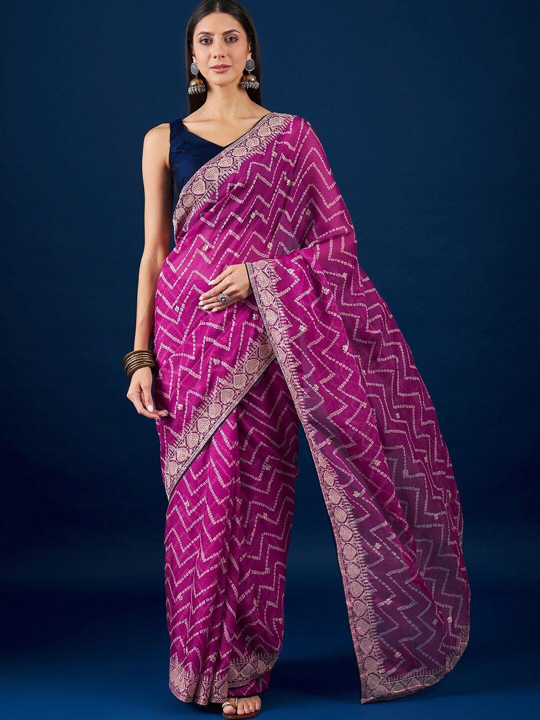 anouk purple & white bandhani embroidered pure chiffon bandhani saree