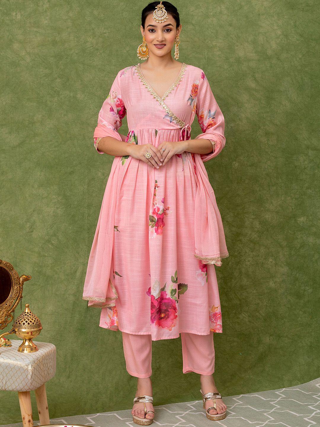 kasya women peach-coloured floral printed angrakha gotta patti kurta with palazzos & with dupatta