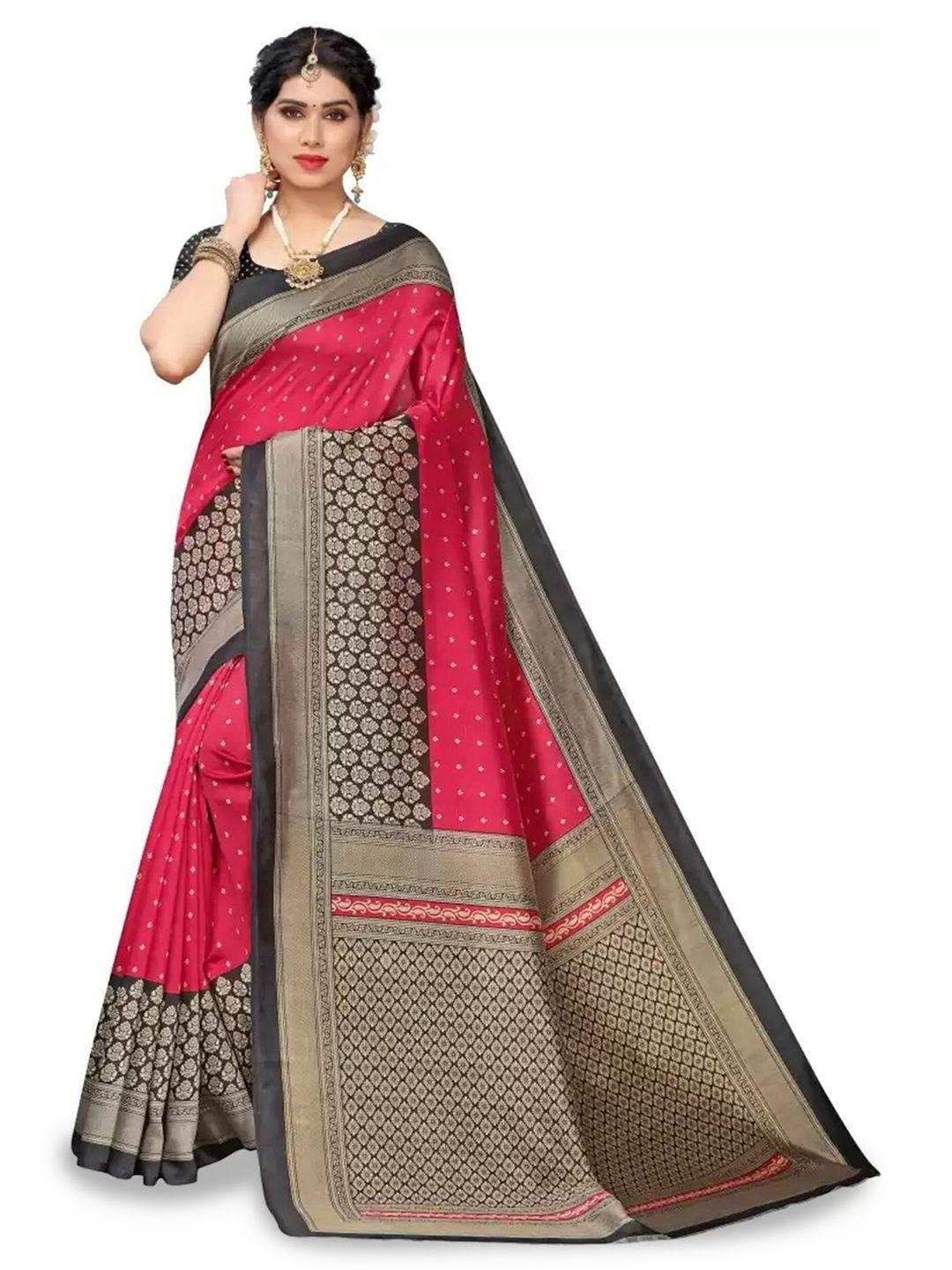 mitera red & black floral printed art silk saree