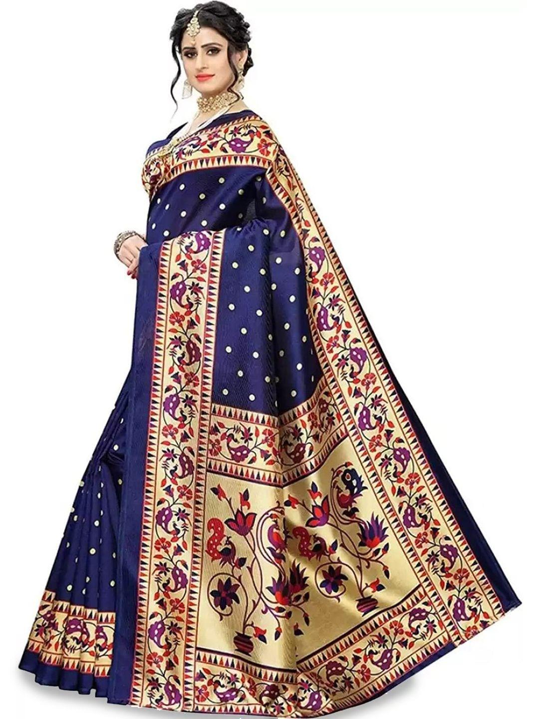 mitera blue polka dot printed saree